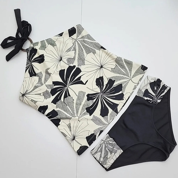 Skye 2 Piece Women Bikini Halter Tankini Swimsuit Black Cream Floral Print  Sz L - Picture 2 of 16